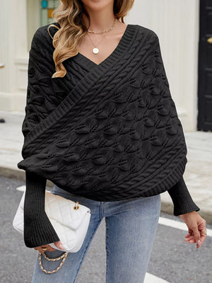 Black Cable Knit Batwing Sleeve Sweater