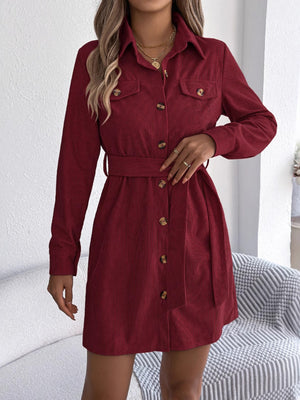 Black shirt dress with button-front and ribbed