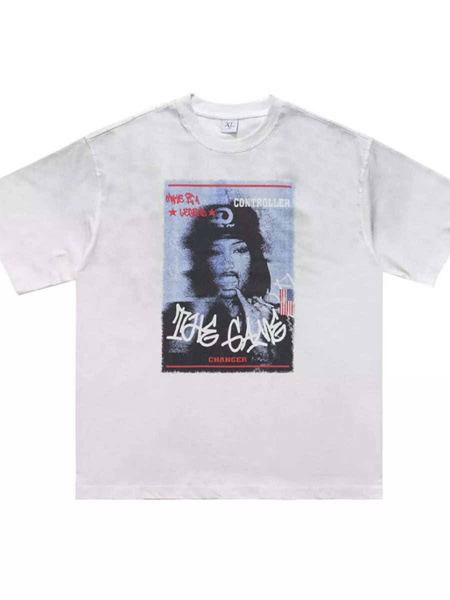White graphic t-shirt with a portrait and text print.