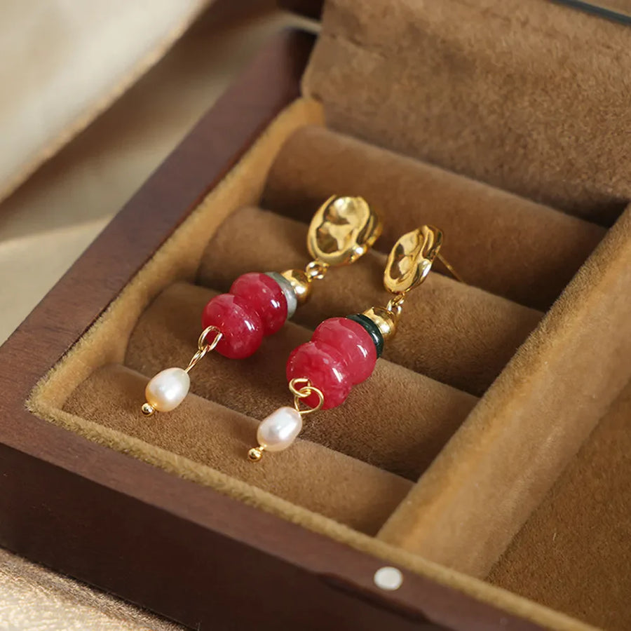 Red stacked gemstone and pearl dangle earrings with 18K gold plating.