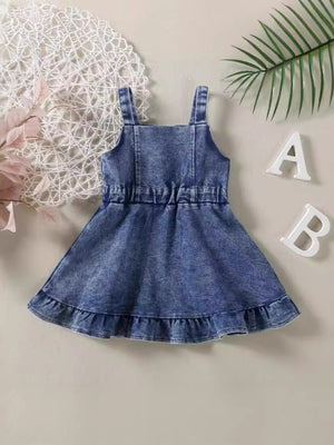Blue denim overall dress for kids with ruffled hem and elastic waist