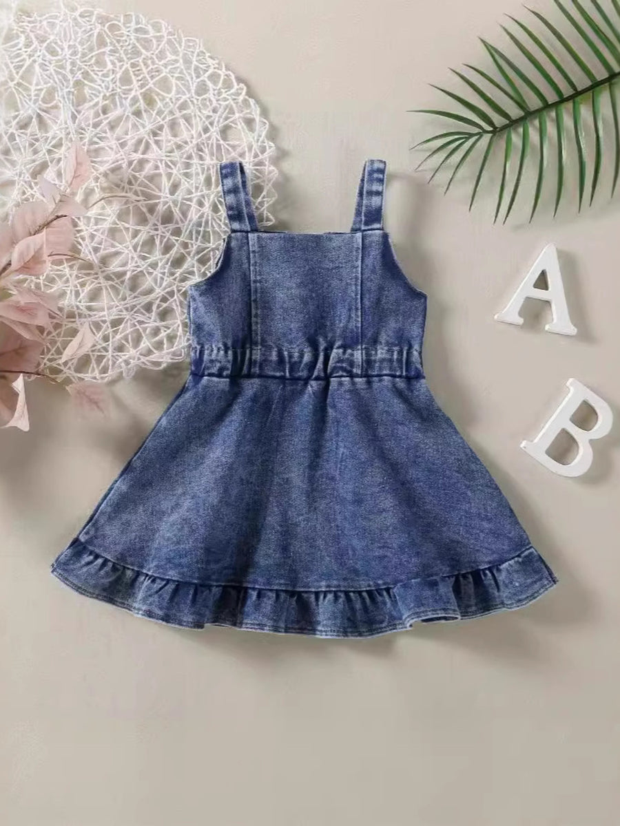 Blue denim overall dress for kids with ruffled hem and elastic waist