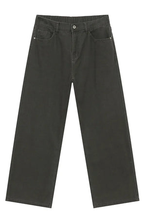 Dark gray elastic waist straight-leg denim jeans with a casual, basic style.