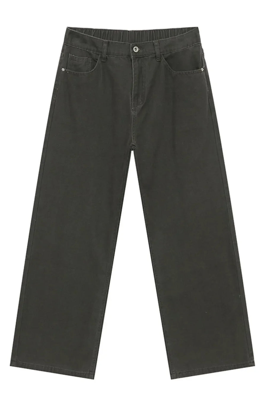 Dark gray elastic waist straight-leg denim jeans with a casual, basic style.