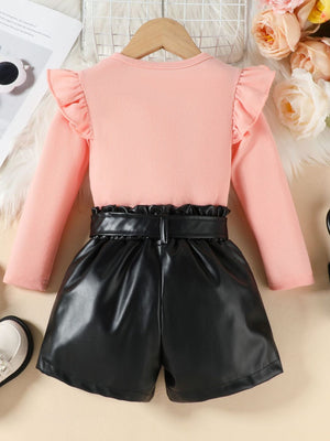 Pink ruffled sleeve top with black faux leather belted shorts set for baby girls.