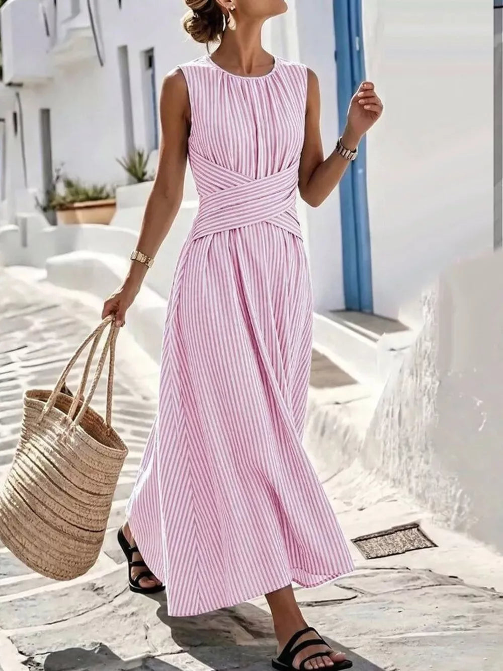 Full Size Striped Sleeveless Maxi Dress in Blue