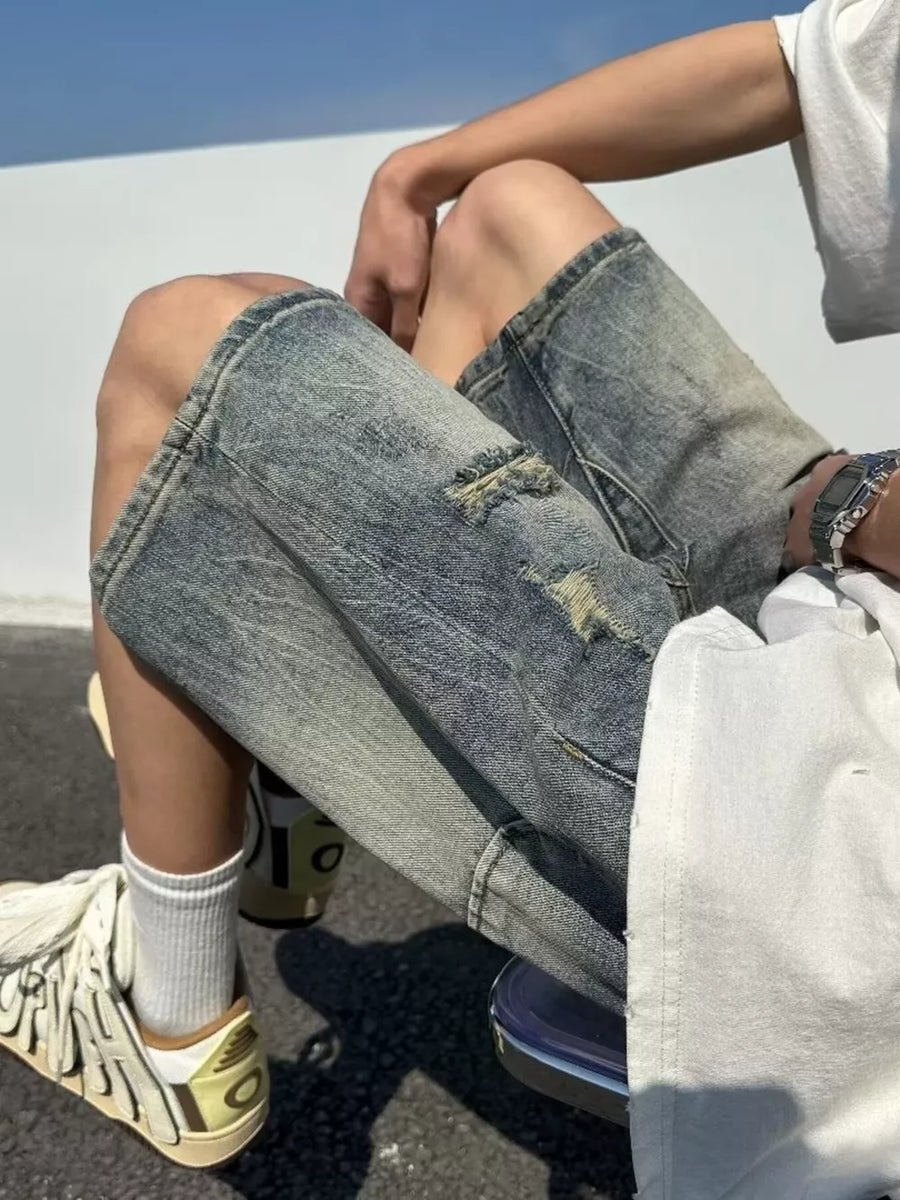 Light with Men's Full Size Distressed Denim Shorts in Light