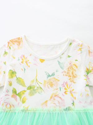 Toddler floral print dress with mint green tulle skirt and short sleeves.