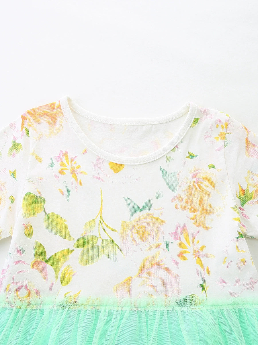Toddler floral print dress with mint green tulle skirt and short sleeves.