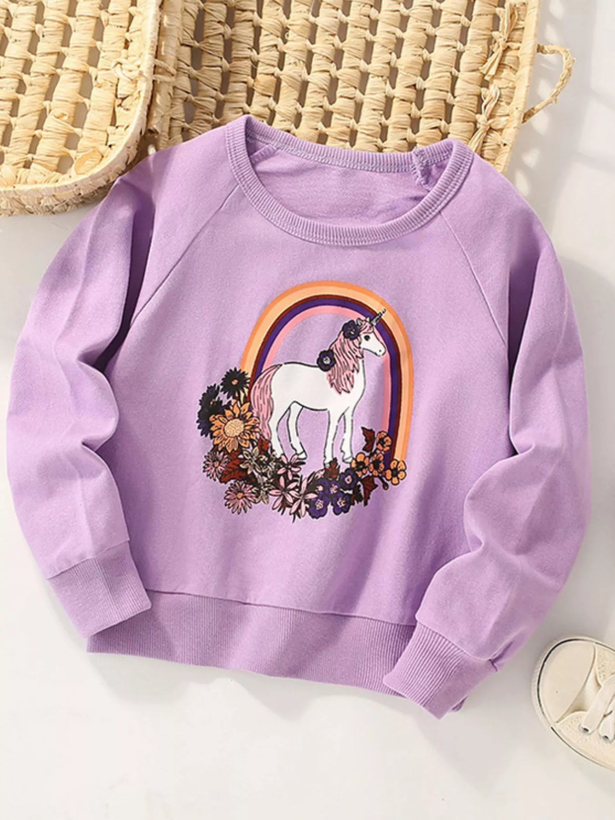 Lavender cotton sweatshirt with unicorn and rainbow graphic