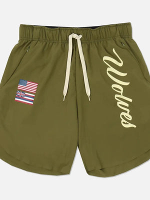 Olive active drawstring shorts with script logo and flag patch