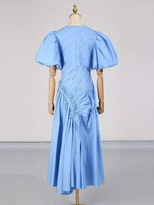 Puff Sleeve Ruched Midi Dress in Green