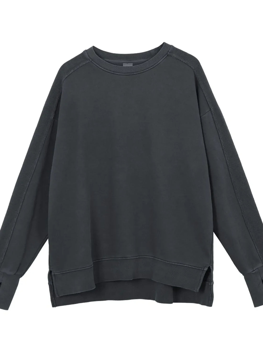 Dark gray oversized sweatshirt with raw-edge seams and crewneck.