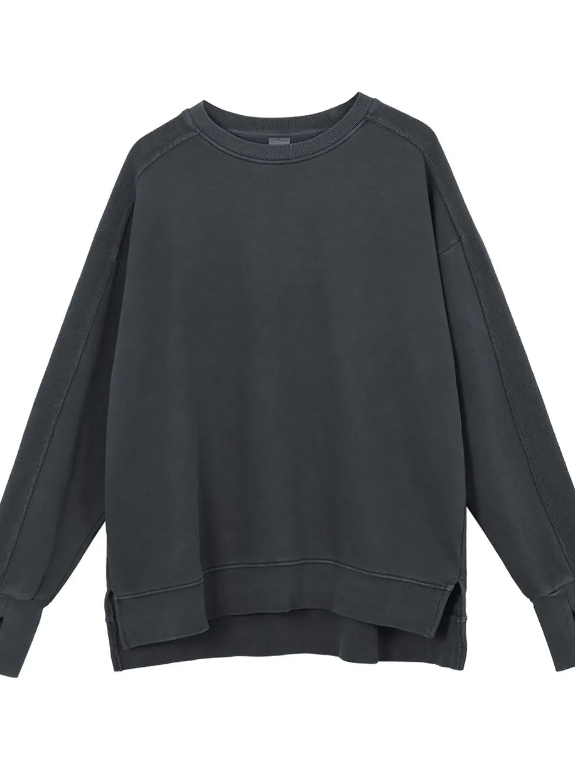 Dark gray oversized sweatshirt with raw-edge seams and crewneck.