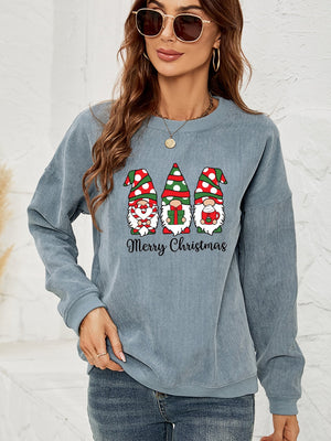 Light blue corduroy sweatshirt with three Christmas gnomes and Merry Christmas graphic.