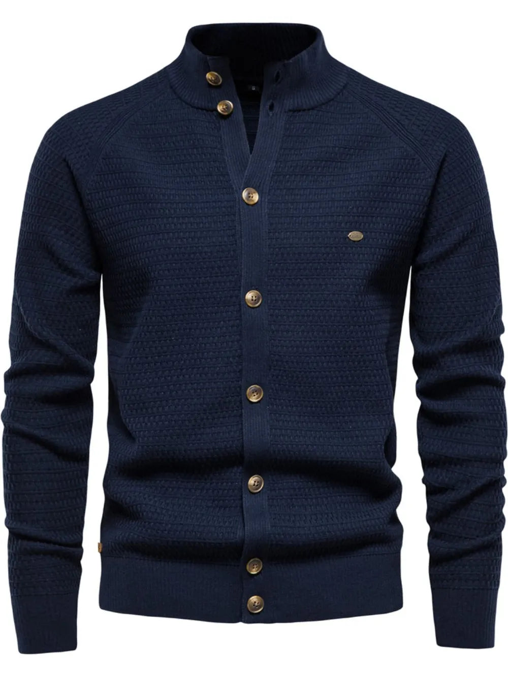 Navy textured knit stand collar cardigan with button closure and subtle chest detail.