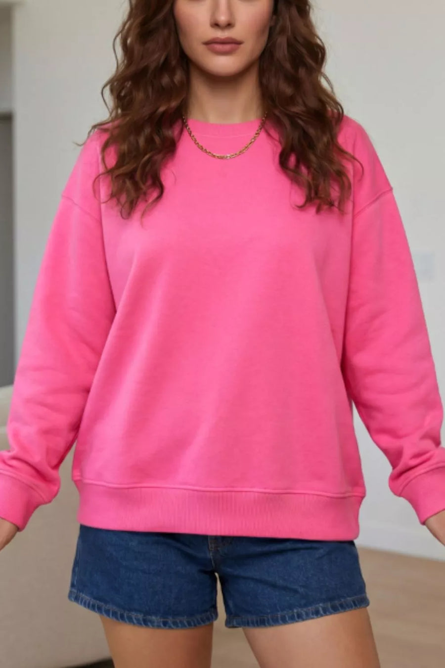 Hot Pink Slogan Print Round Neck Long Sleeve Sweatshirt