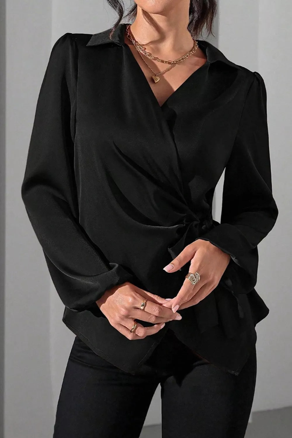 rust blouse with hip-length and wrap