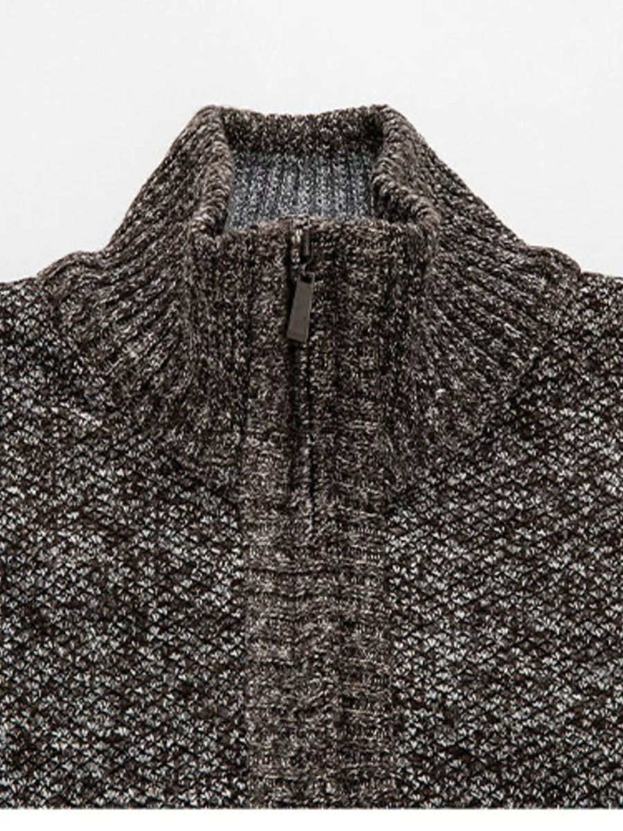 Blue zip-up sweater with half-zip and textured