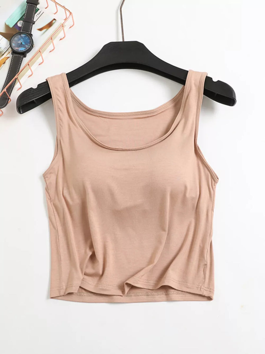 Caramel modal tank top with scoop neck and built-in padding.