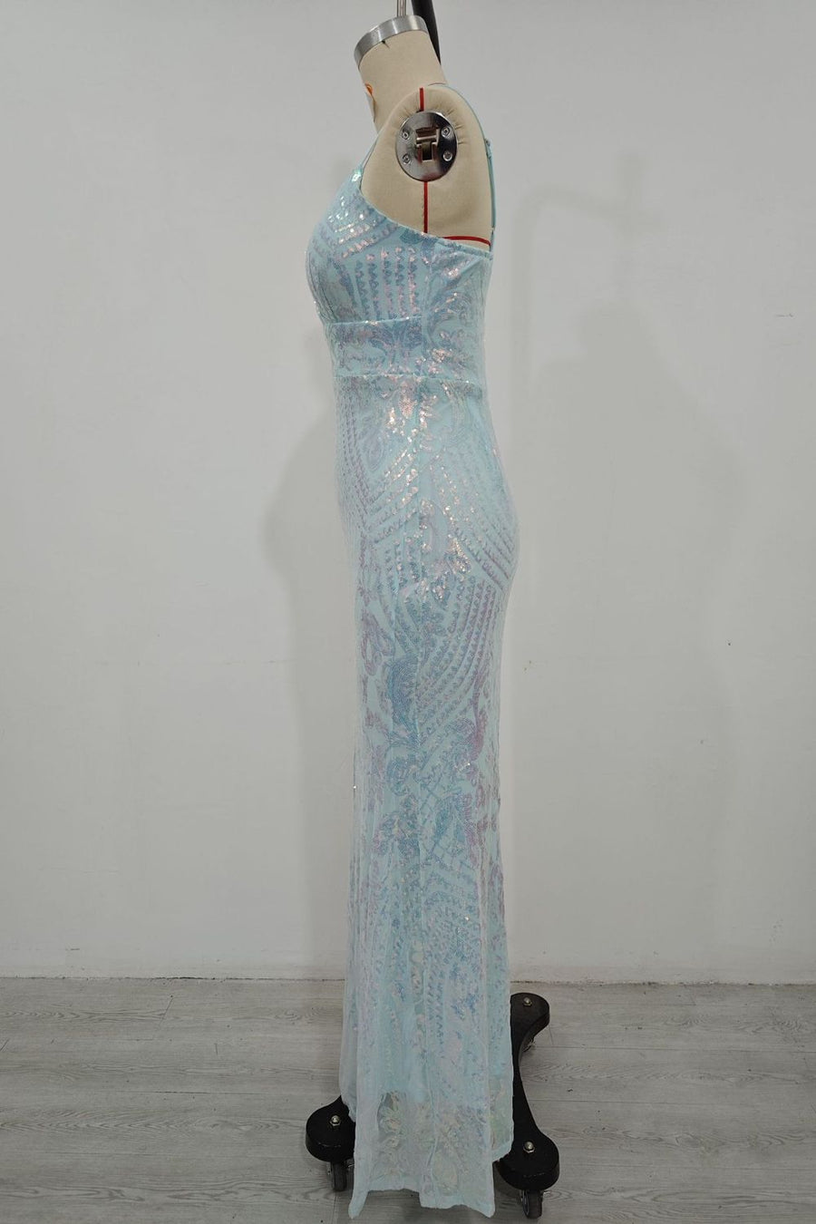 light blue flared formal gown with sweetheart