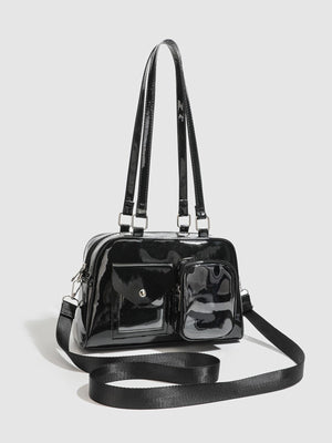 Glossy Patent Leather Multi-Pocket Shoulder Bag in black with multi-pocket