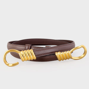 Skinny cowhide leather belt in olive brown with gold twisted buckle detail