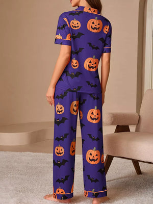 Halloween Pumpkin And Bat Print Button-down Lounge Set in navy blue