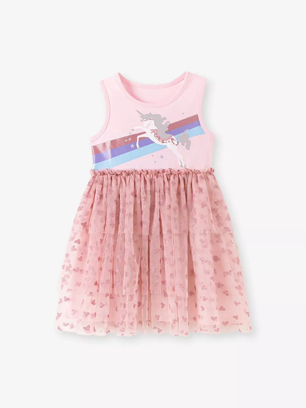 Pink toddler unicorn dress with rainbow graphic and heart-print tulle skirt.