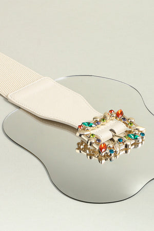 Ivory elasticated belt with jeweled buckle and colorful rhinestones