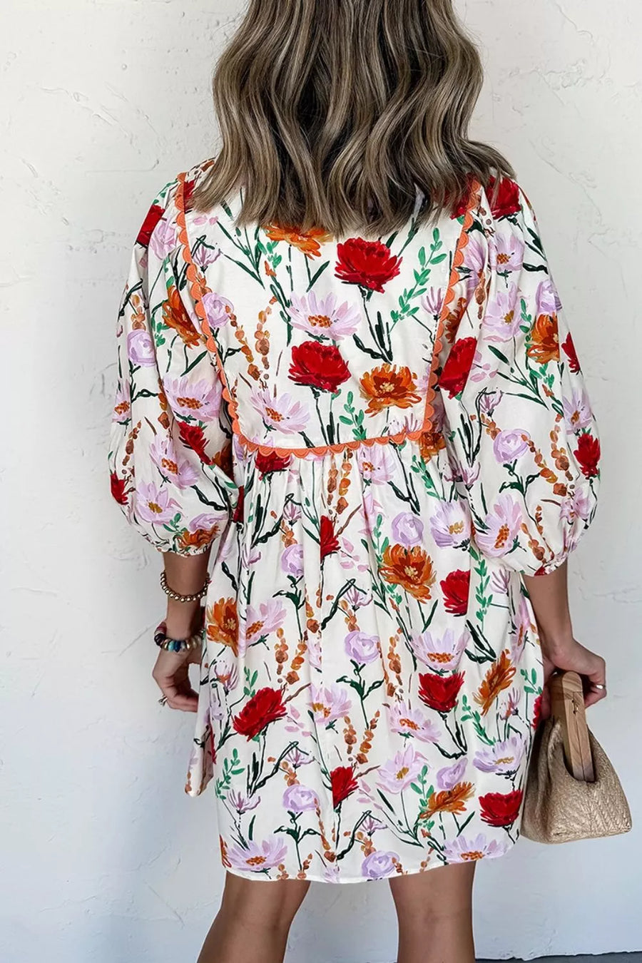 Floral with Floral Print 3/4 Puff Sleeve Mini Dress