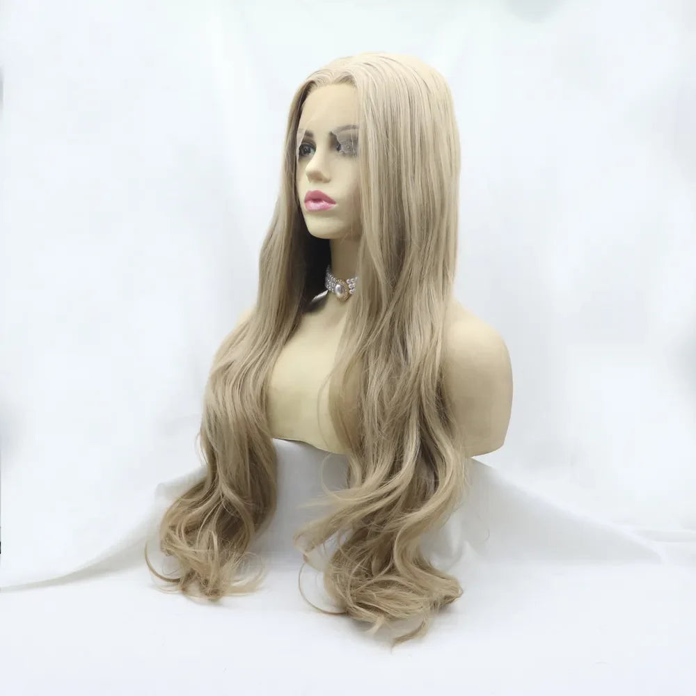 Luminous ombre lace front wig in icy blonde with beach waves and a natural hairline.