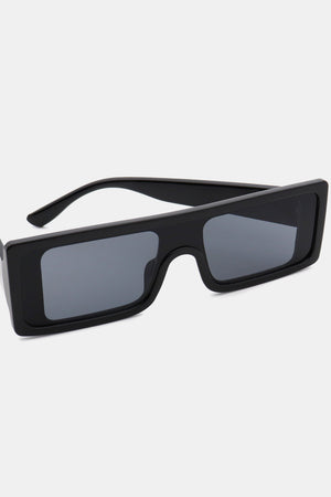 Black rectangular sunglasses with thick frames and dark lenses.