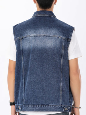 Men's vintage washed denim vest with button-down front and chest pockets.