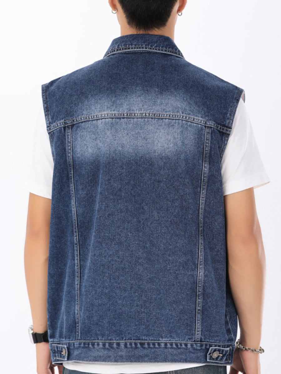 Men's vintage washed denim vest with button-down front and chest pockets.