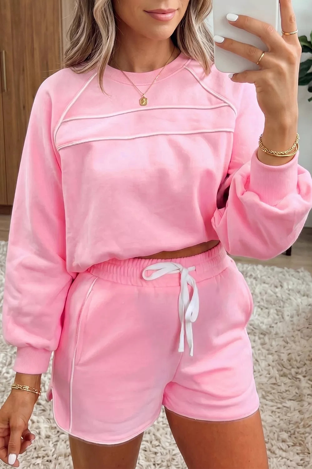 Piping Trim Long Sporty Pullover Shorts Set