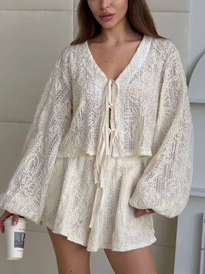 Beige lounge set featuring lace and floral