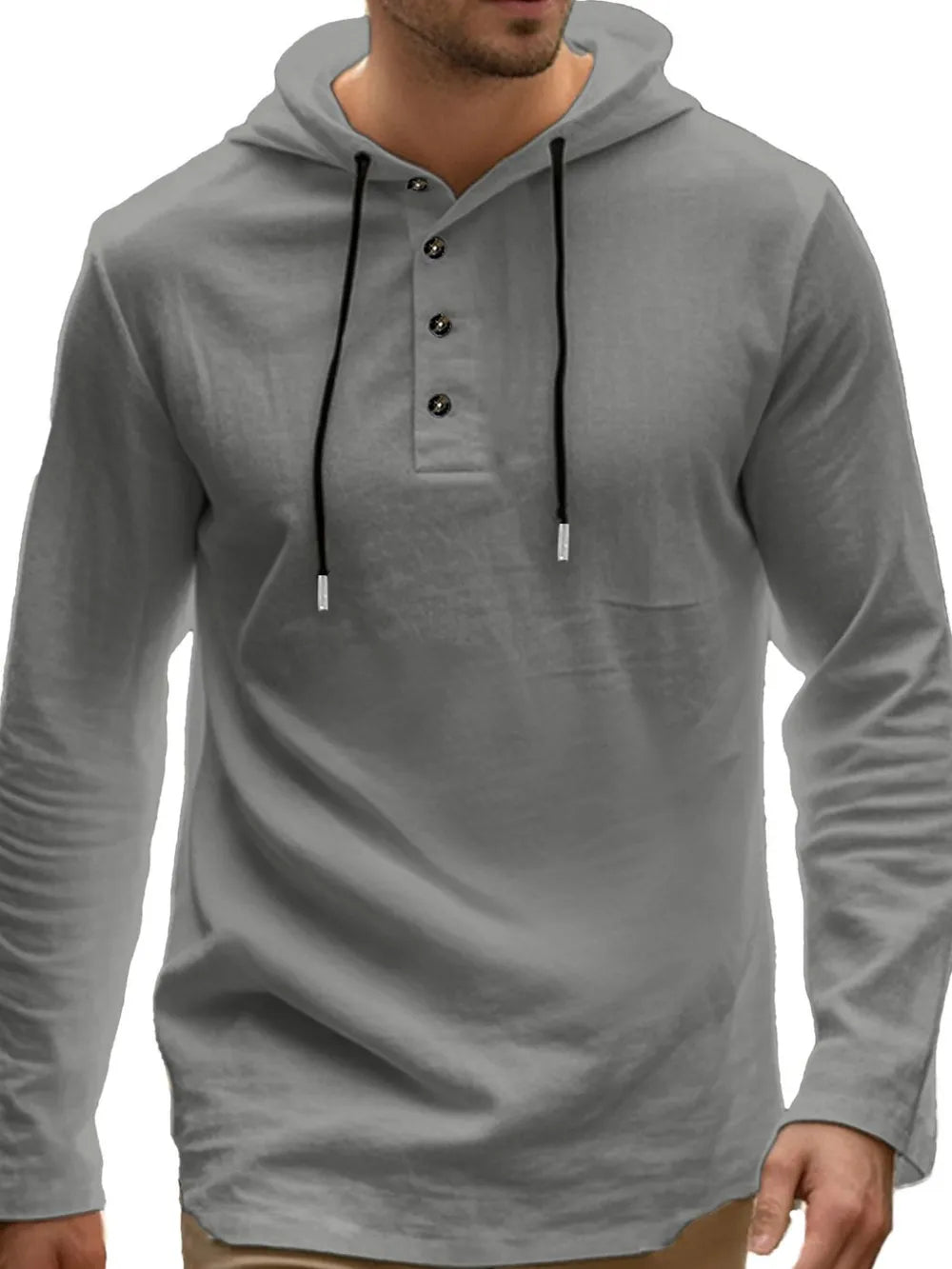 Gray hooded henley shirt with button placket and black drawstrings