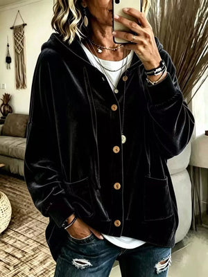 Full Size Casual Button-down Hooded Outerwear in Pink with buttoned