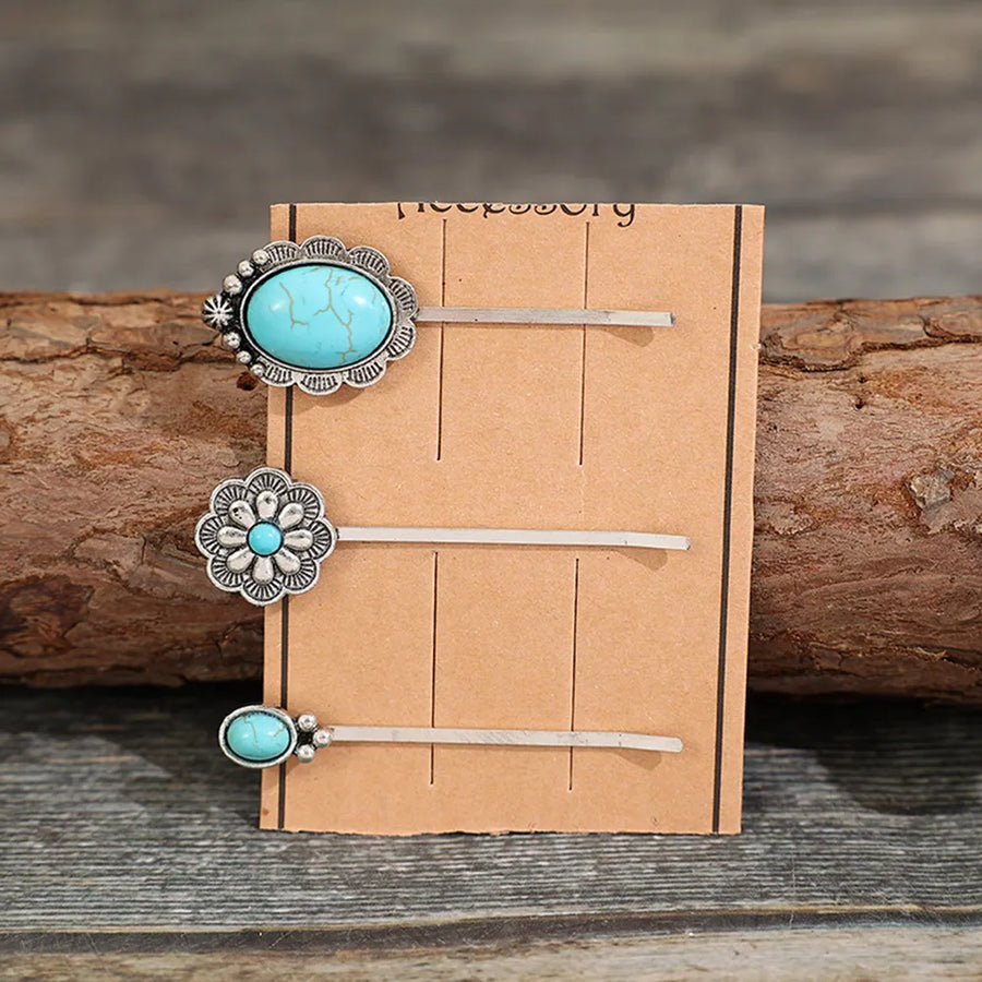Southwestern hair pins with turquoise stones and alloy details, set of 3.