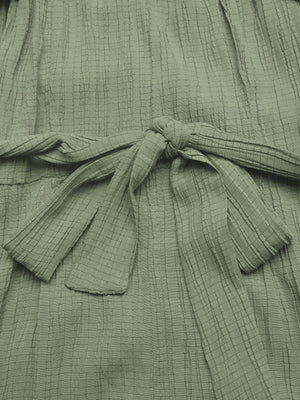 Sage green crinkled texture tie waist wide leg maternity jumpsuit detail