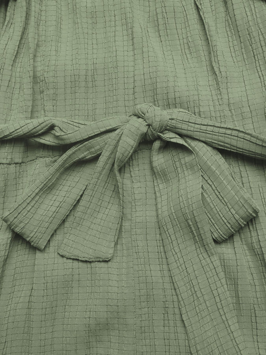 Sage green crinkled texture tie waist wide leg maternity jumpsuit detail