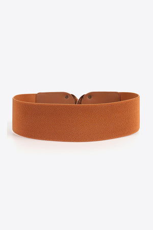 Caramel elastic belt with double buckle detail and faux leather accents.