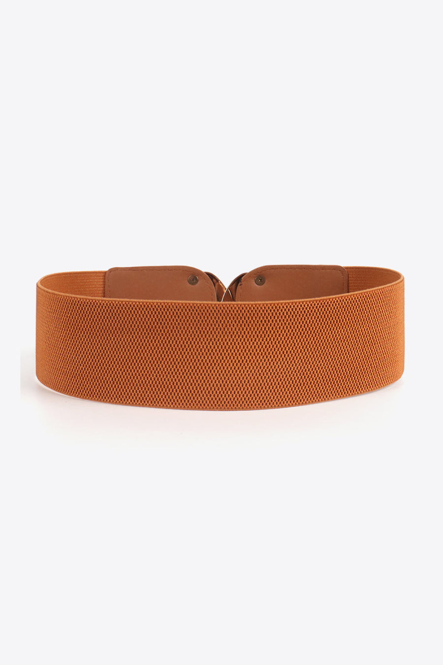 Caramel elastic belt with double buckle detail and faux leather accents.