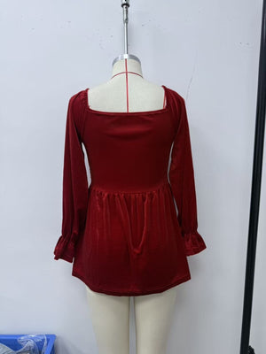 Velvet Smocked Peplum Blouse in Black