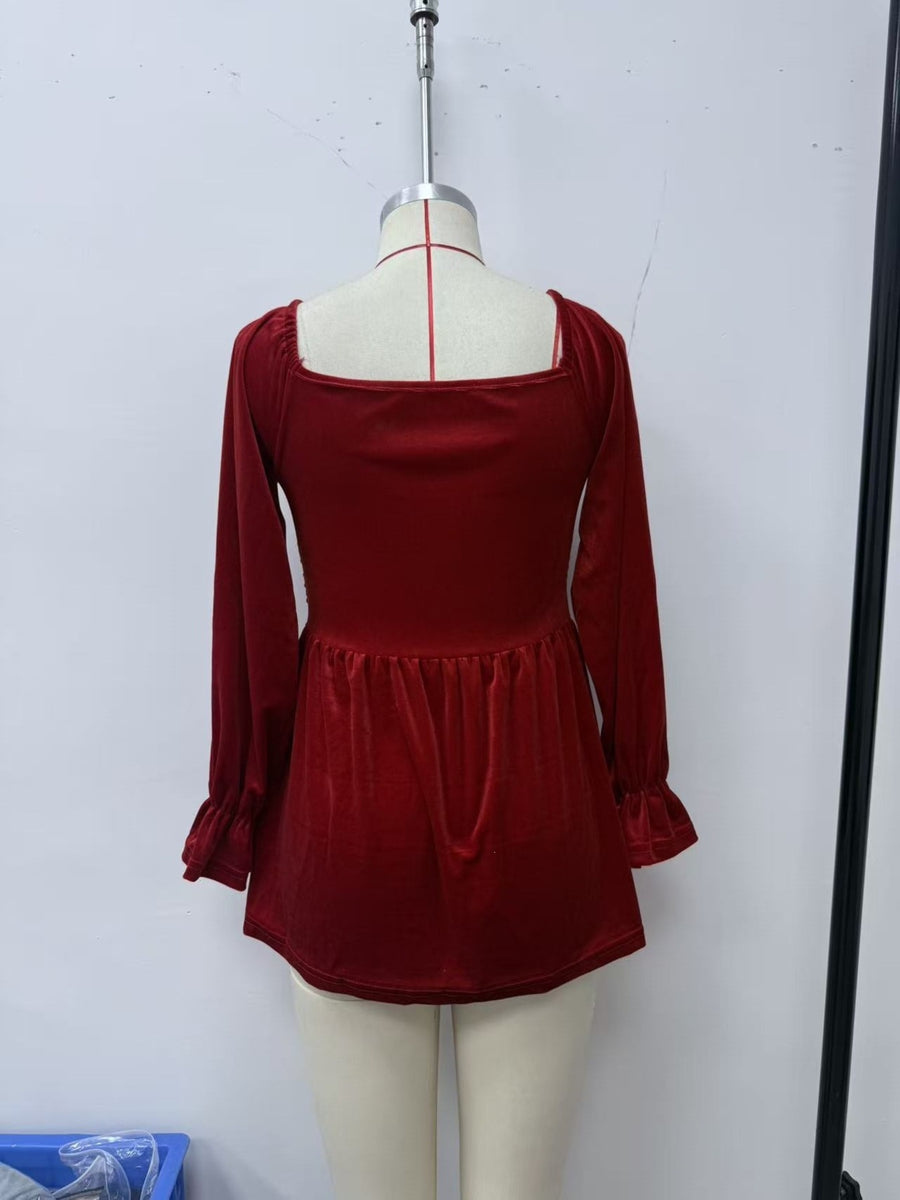 Velvet Smocked Peplum Blouse in Black