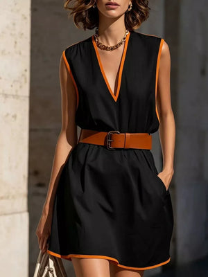 Black sleeveless v-neck dress with orange trim and a brown belt