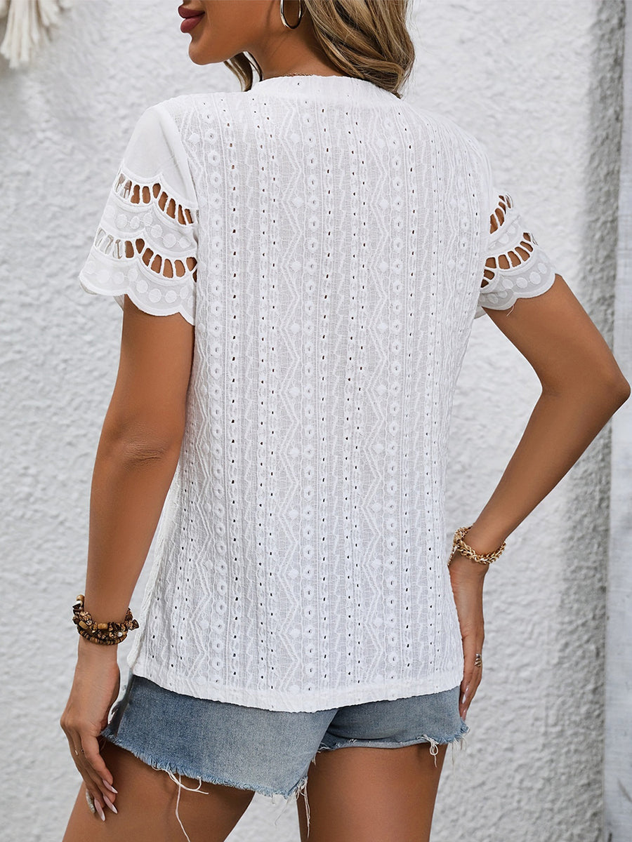 Pink Purple Scalloped Eyelet Sleeve Blouse