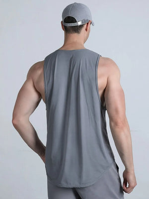 Gray performance cut tank top with curved hem and logo detail on back.
