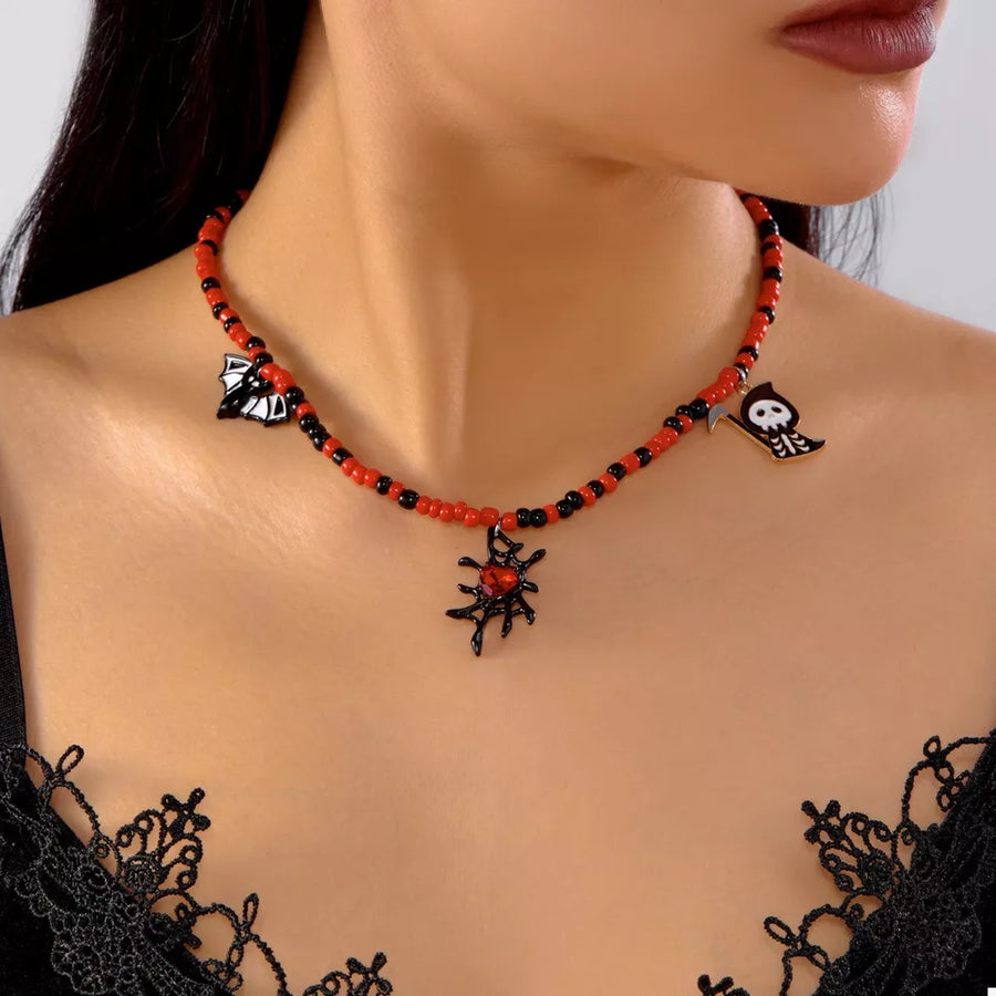 necklace in black with color-block and beaded